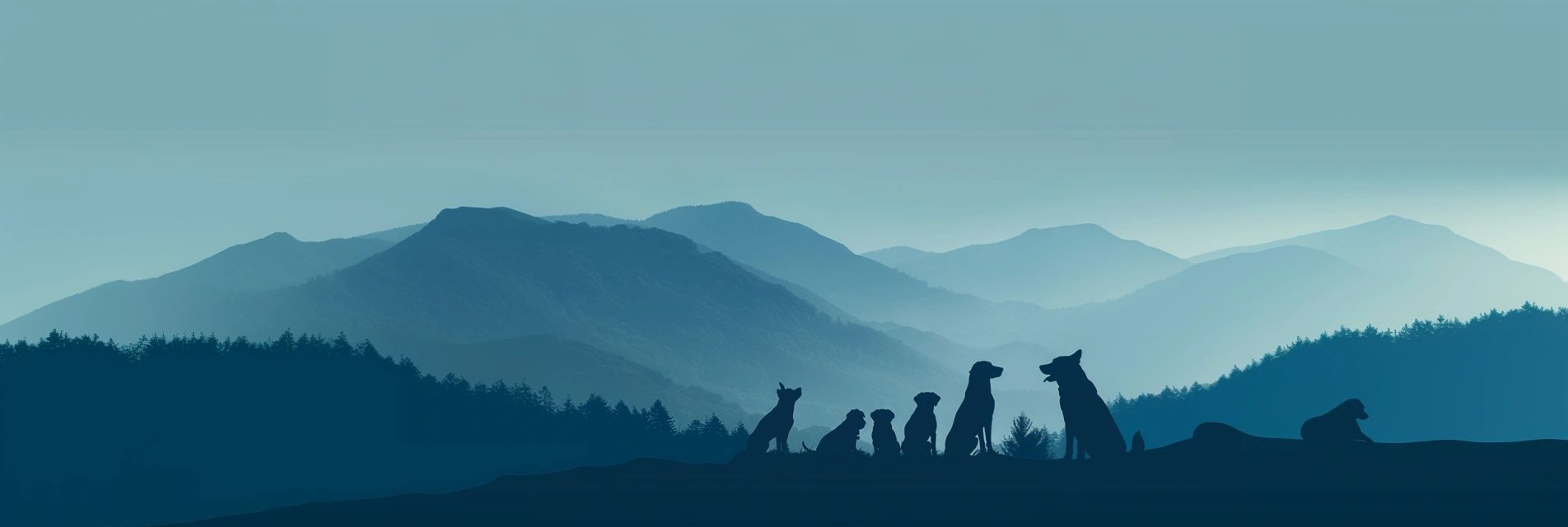Dogs sitting on a Blue Ridge mountain ridge at dawn